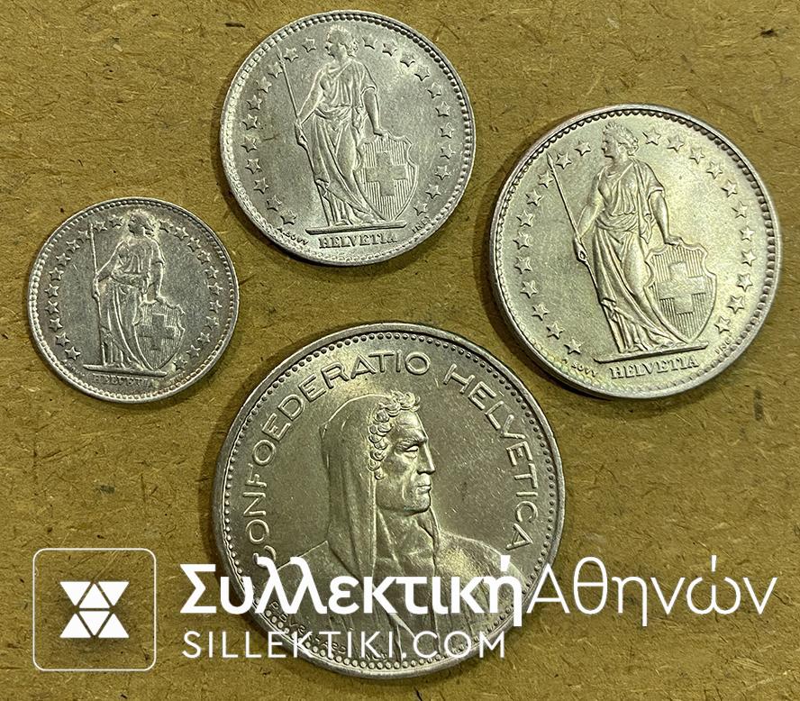 SWITZERLAND 4 Silver Coins AU-UNC